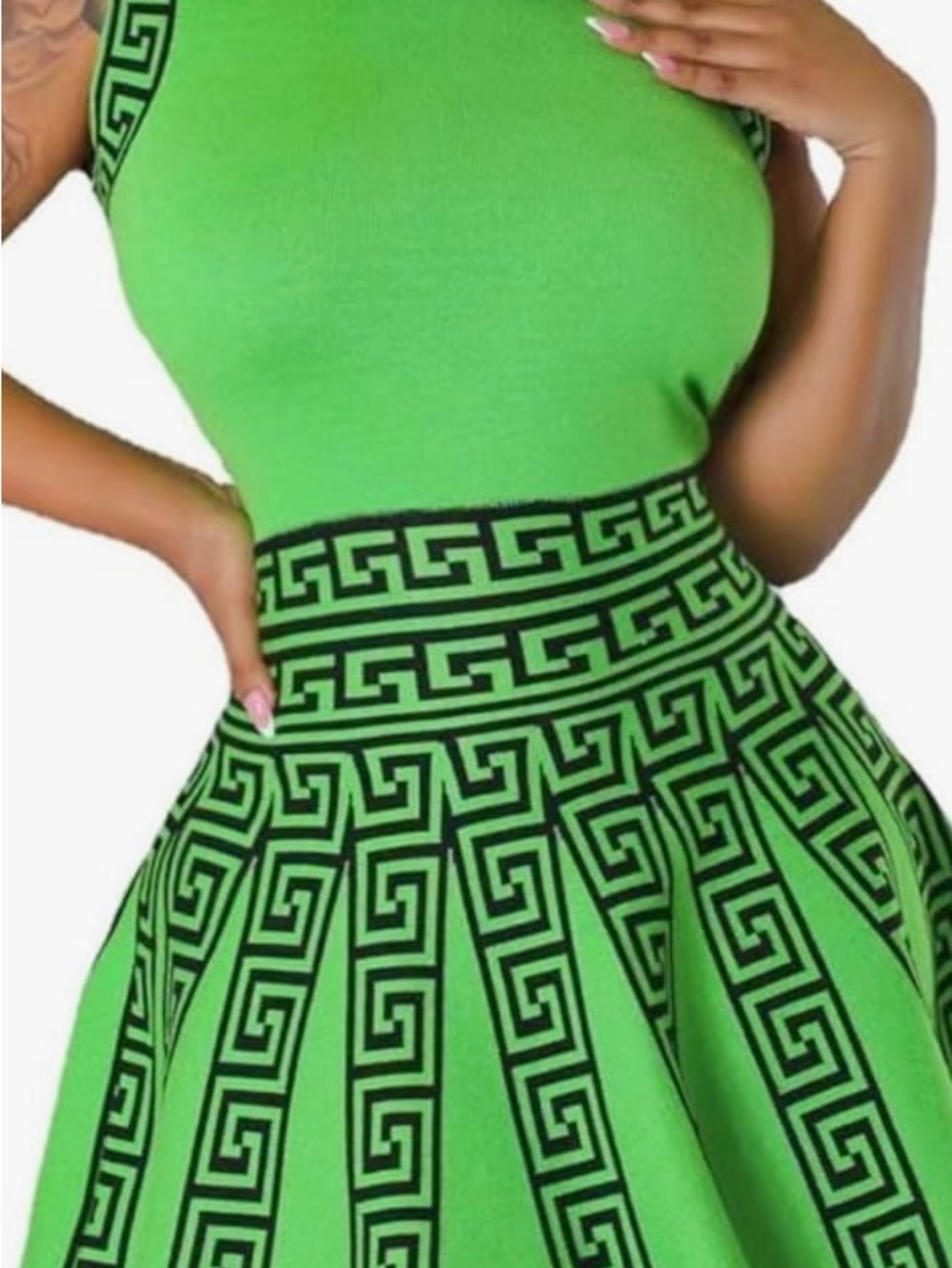 Amazon Green and Black Patterned Mini Dress